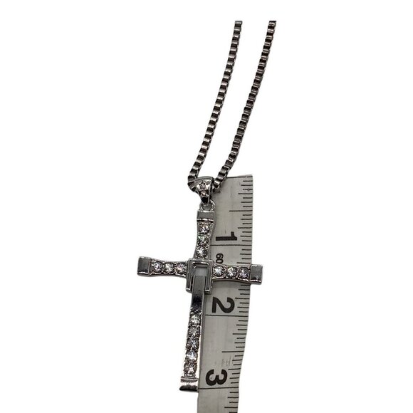 Men’s Rhinestone Cross Pendant Necklace Silver Box Chain - Picture 6 of 16